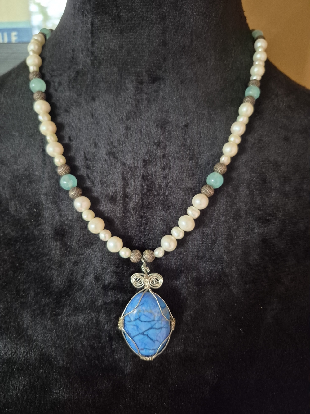 Handcrafted Pearl Necklace with Blue Stone Pendant
